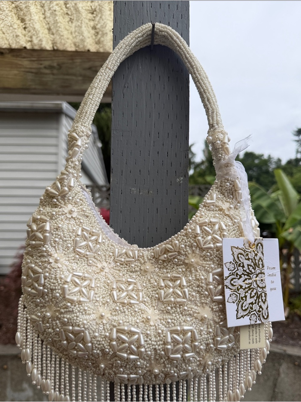 Elegant Beaded Cream Shoulder Bag